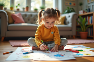 Jeune fille de 7 ans dessinant dans un salon lumineux