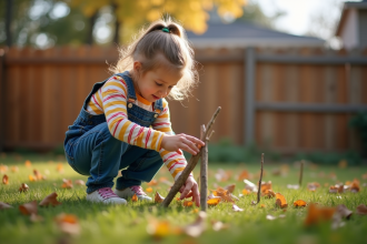 Jeune fille en salopette construit une cabane en bois dans le jardin