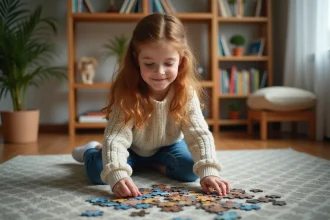 Jeune fille de 10 ans assemble un puzzle dans le salon
