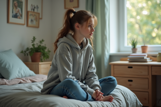 Jeune fille pensant dans sa chambre calme et ordonnee