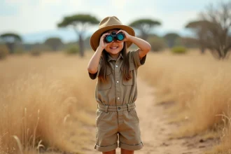 Jeune fille en safari avec jumelles dans la savane