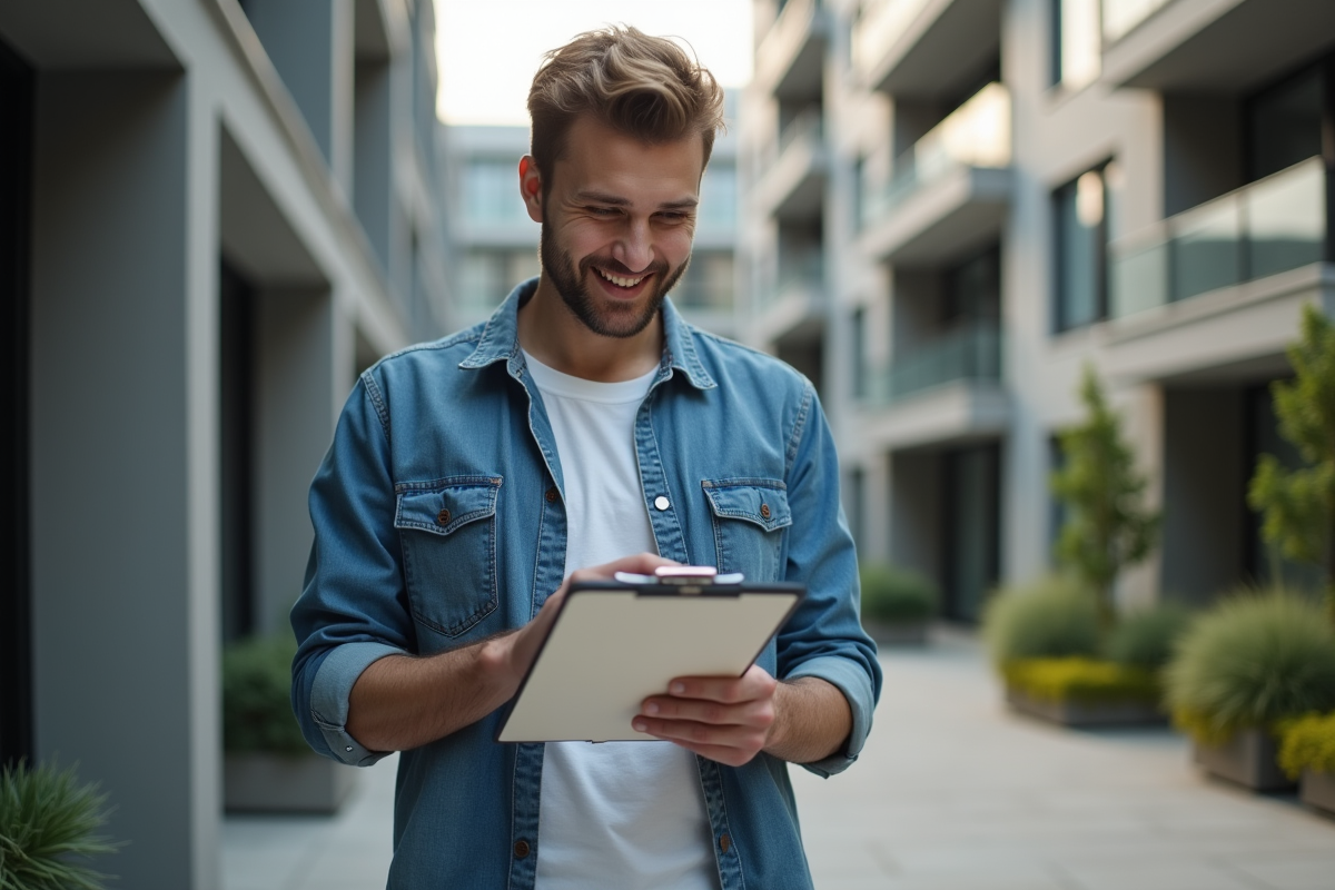 Jeune homme dehors remplissant un formulaire sur une tablette