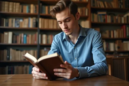 Jeune homme lisant un livre d'histoire dans une biblioth&egrave;que