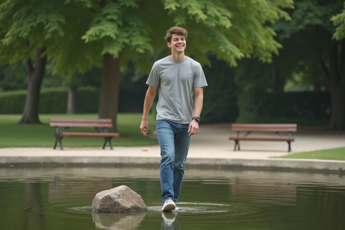 Jeune homme souriant en lan&ccedil;ant une pierre dans un &eacute;tang