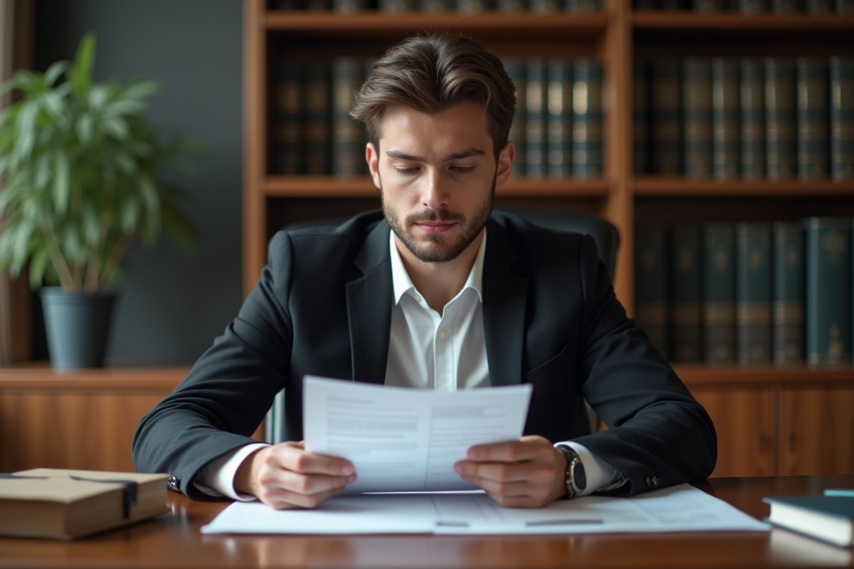 Jeune homme en costume examinant des papiers juridiques