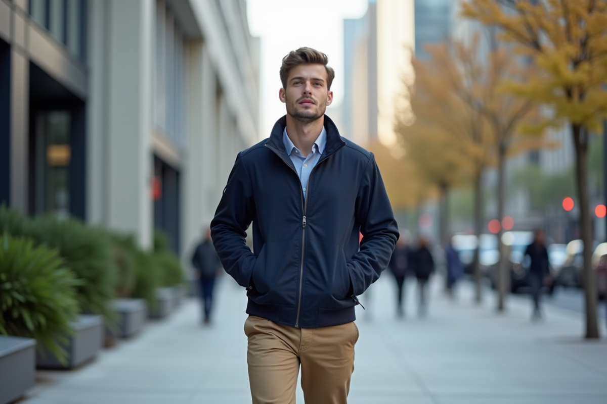 Jeune homme en ville avec veste navy et chinos