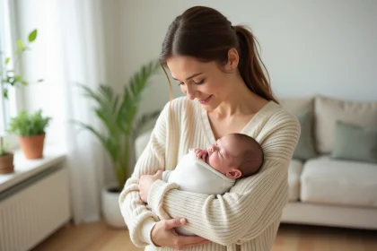 Jeune mère tenant tendrement son nouveau-né dans les bras dans un salon cosy, regard attendri et sourire naturel