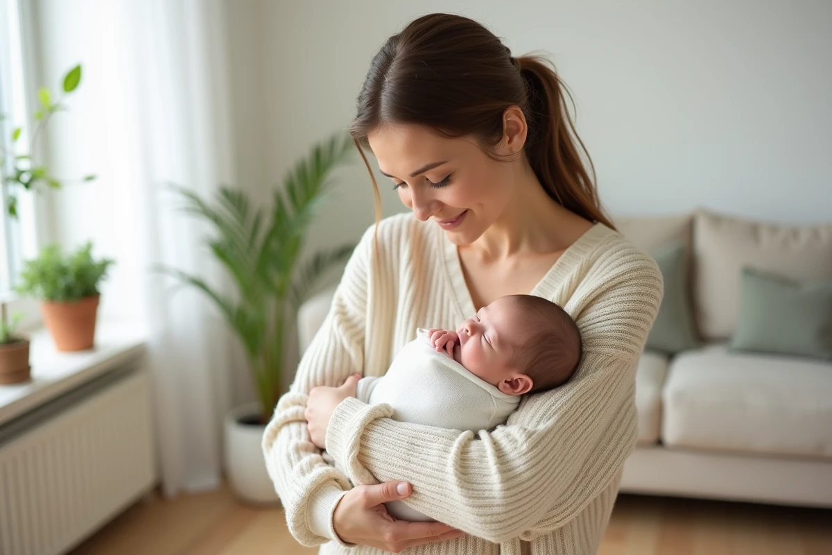 Jeune mère tenant tendrement son nouveau-né dans les bras dans un salon cosy, regard attendri et sourire naturel