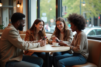 Groupe de jeunes adultes dans un café moderne en ville
