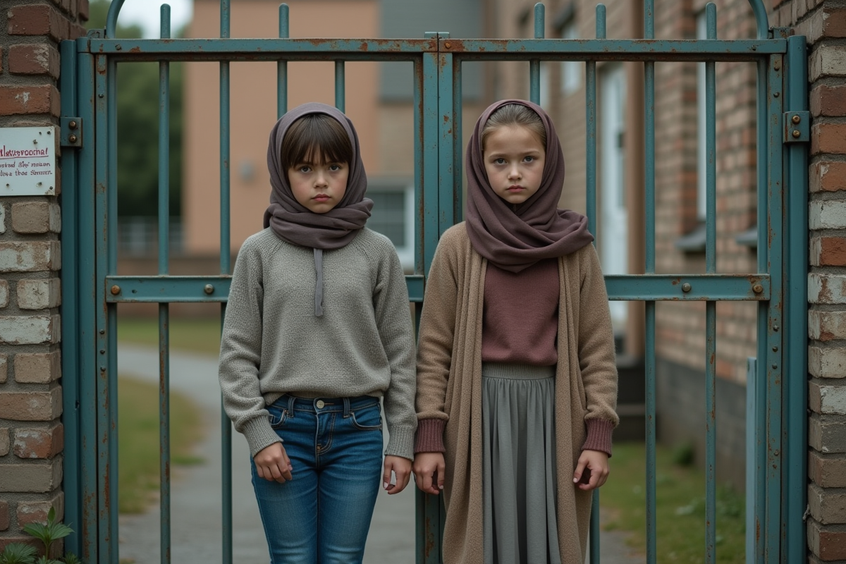 Deux adolescentes devant une école fermée et barricadée