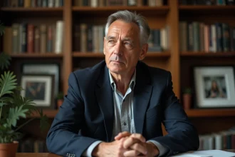 Portrait d'un journaliste français expérimenté dans son bureau à domicile entouré de livres et de documents de presse