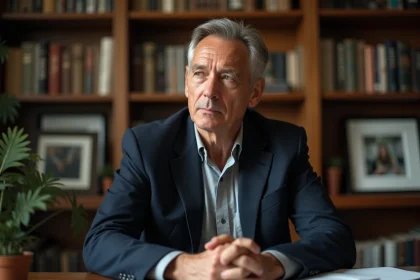 Portrait d'un journaliste français expérimenté dans son bureau à domicile entouré de livres et de documents de presse
