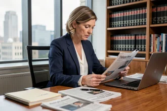Journaliste professionnelle en blazer marine travaillant dans une rédaction moderne avec des journaux et un ordinateur portable sur son bureau