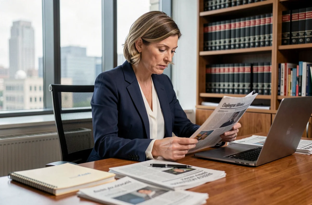 Journaliste professionnelle en blazer marine travaillant dans une rédaction moderne avec des journaux et un ordinateur portable sur son bureau