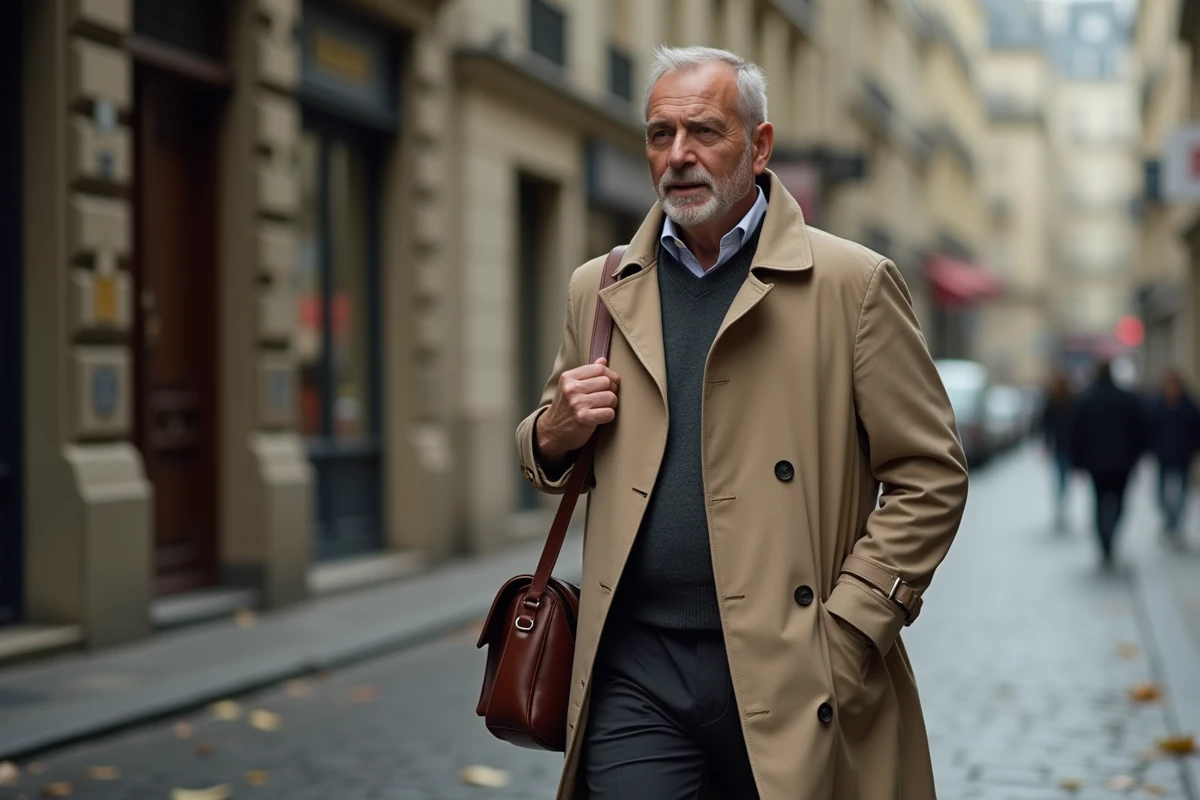 Journaliste parisien marchant dans une rue haussmannienne en automne avec un cartable en cuir