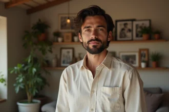 Portrait d'un jeune homme aux origines méditerranéennes dans un intérieur familial chaleureux avec photos de famille en arrière-plan