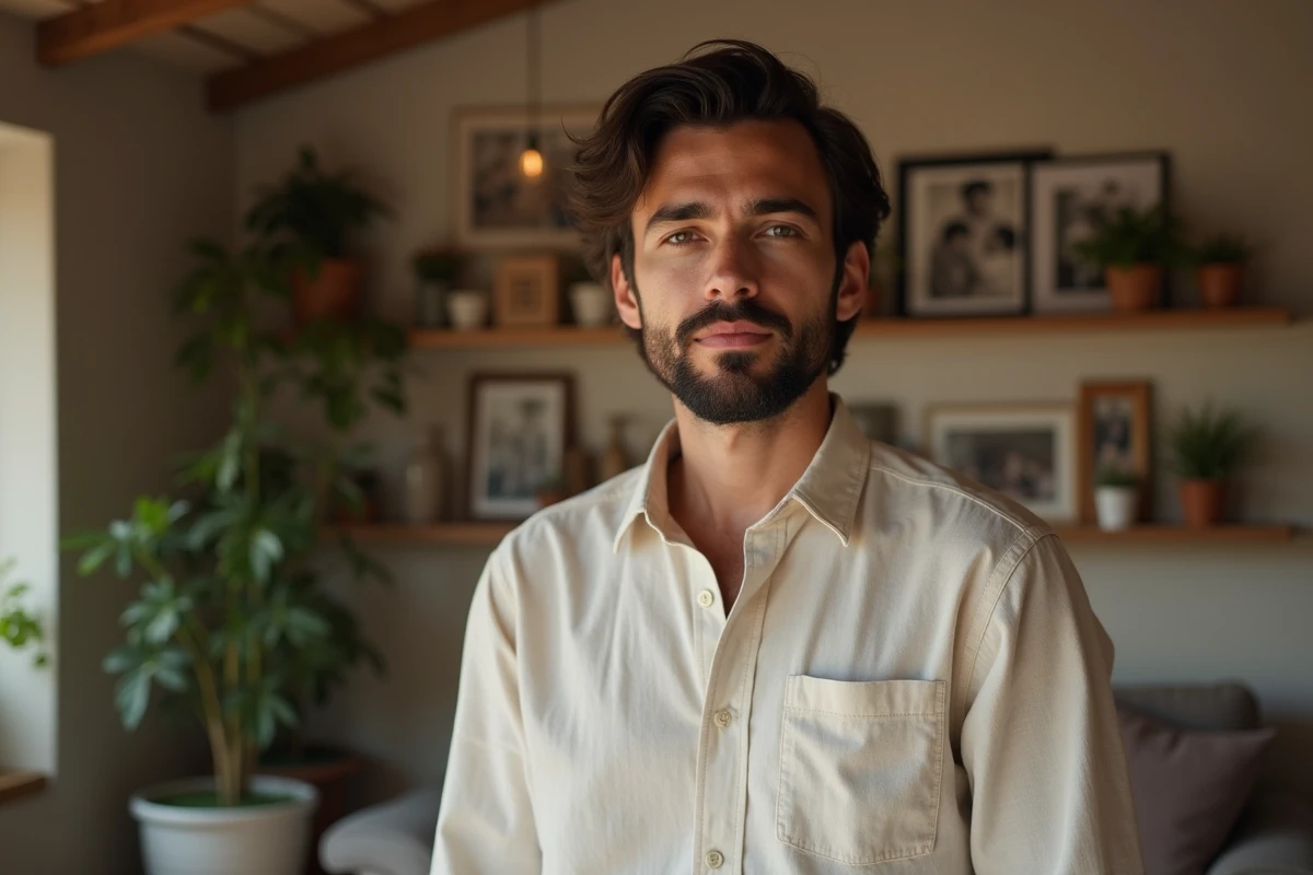 Portrait d'un jeune homme aux origines méditerranéennes dans un intérieur familial chaleureux avec photos de famille en arrière-plan