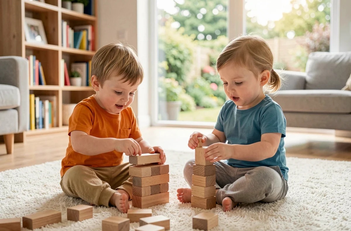 Deux enfants jumeaux fraternes jouant avec des cubes en bois dans un salon familial moderne, symbolisant la diversité génétique des jumeaux