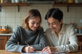 Une jeune adulte et sa mère remplissent ensemble un justificatif de domicile à la table de cuisine familiale