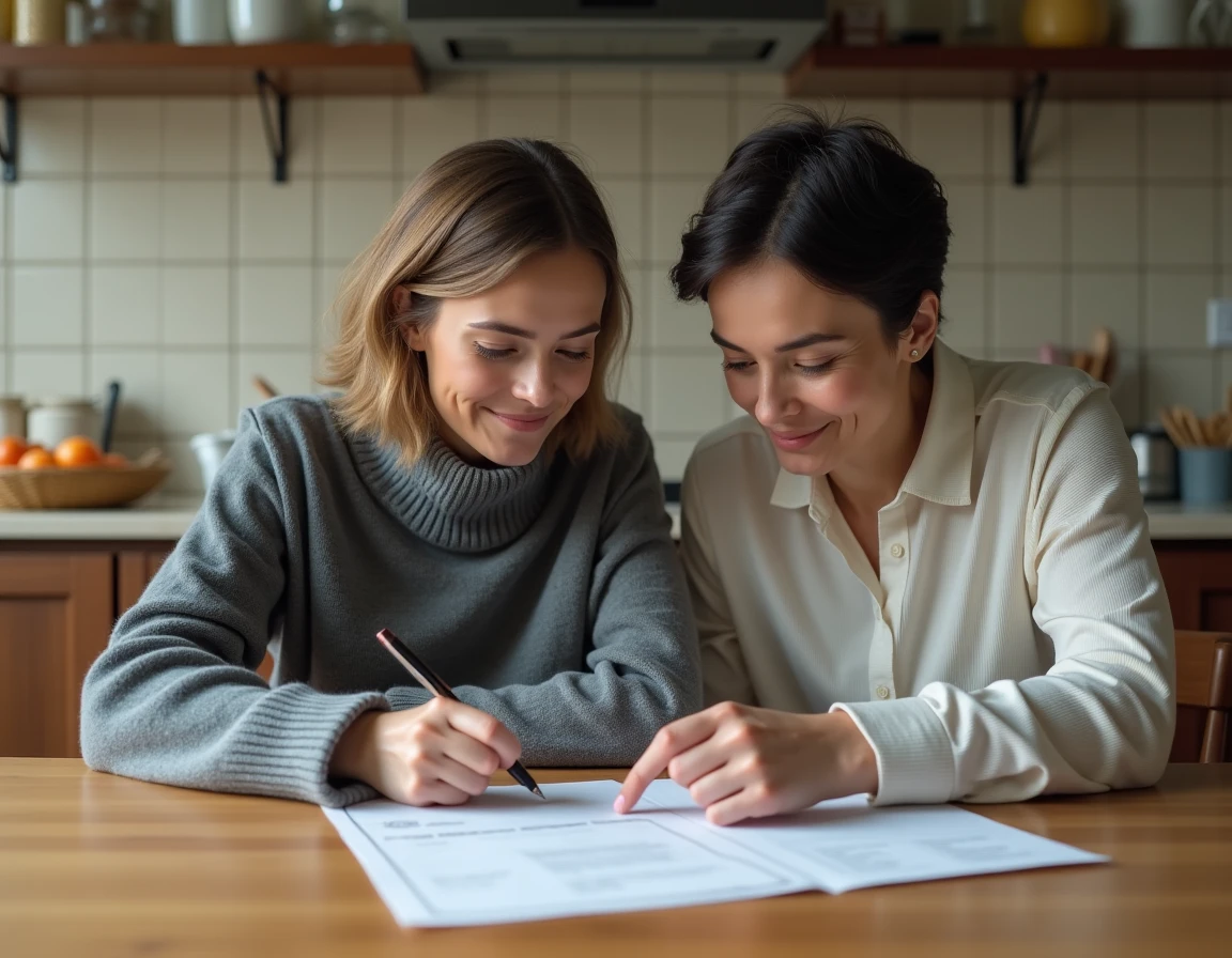 Une jeune adulte et sa mère remplissent ensemble un justificatif de domicile à la table de cuisine familiale