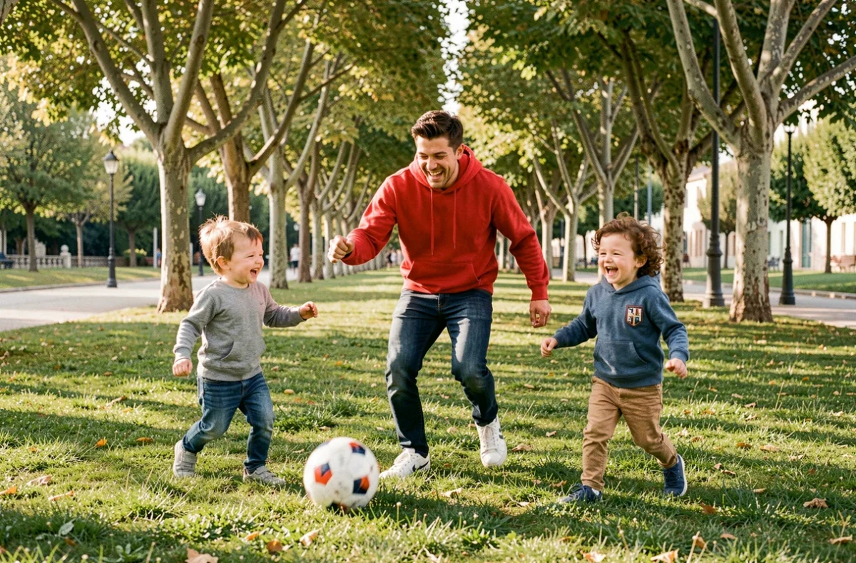 Un baby-sitter de Kangourou Kids joue au football avec deux enfants joyeux dans un parc typique du sud de la France sous les platanes