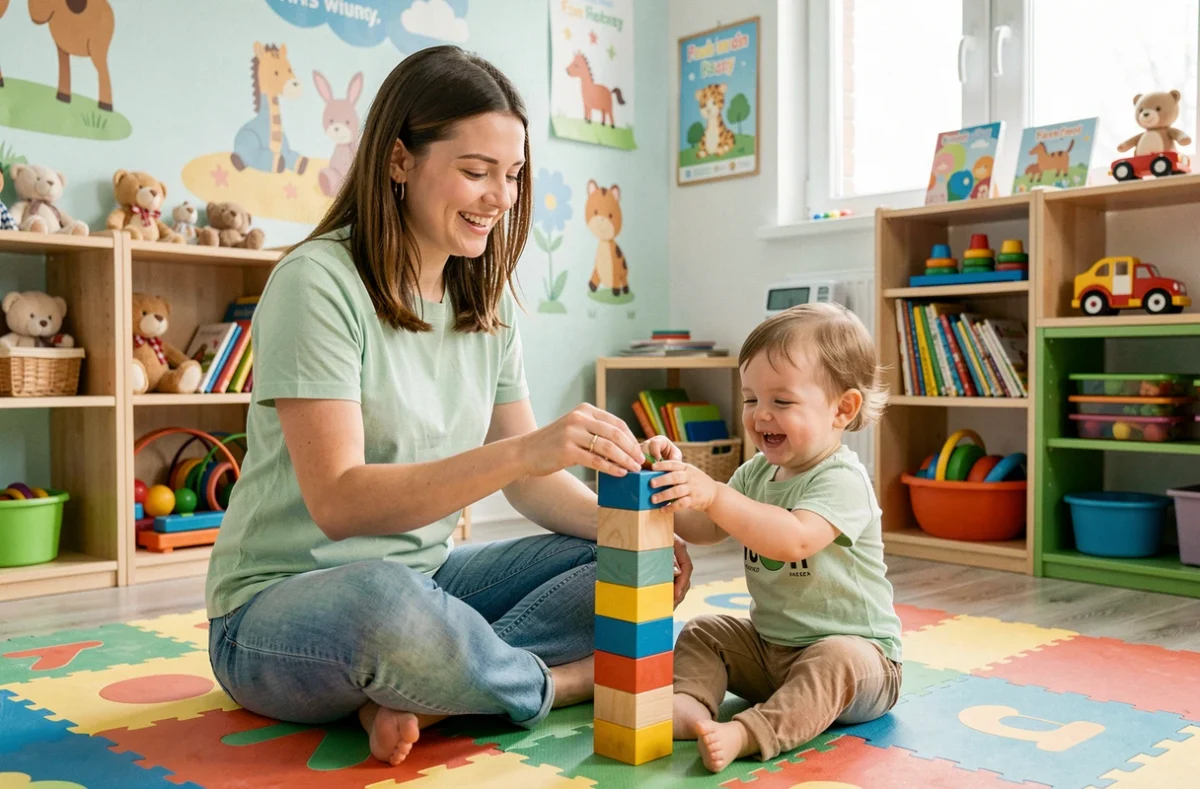 Une baby-sitter de Kidsplace joue avec un tout-petit sur un tapis coloré dans un espace de garde moderne et bien équipé avec des murales éducatives