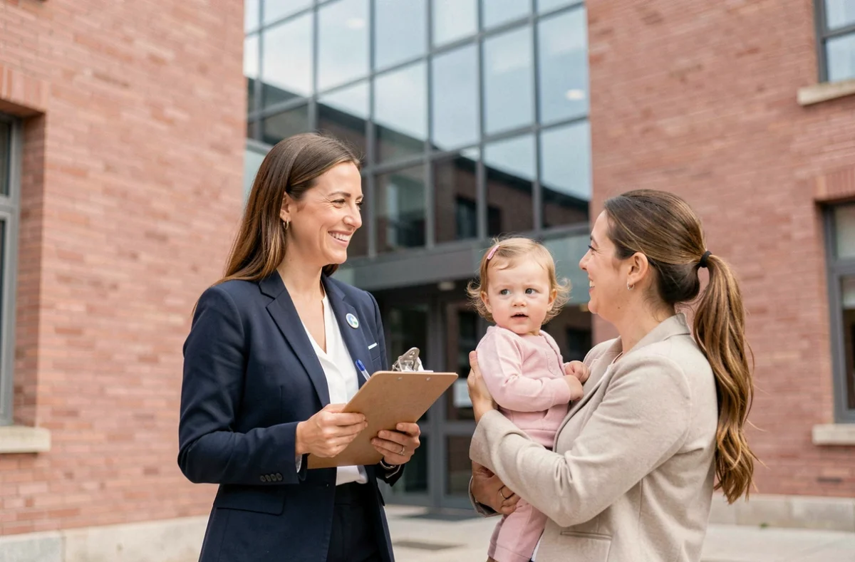 Une coordinatrice professionnelle de l'agence Kinougarde Toulouse accueille une mère et son enfant devant un bâtiment moderne aux briques roses typiques de Toulouse