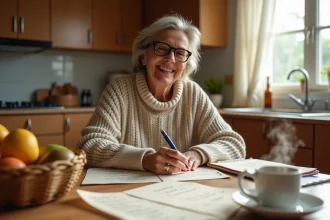 Femme annotant une liste de recettes familiales manuscrites à une table de cuisine en bois avec une tasse de thé
