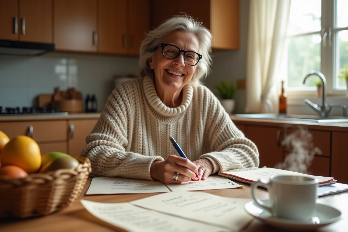Femme annotant une liste de recettes familiales manuscrites à une table de cuisine en bois avec une tasse de thé