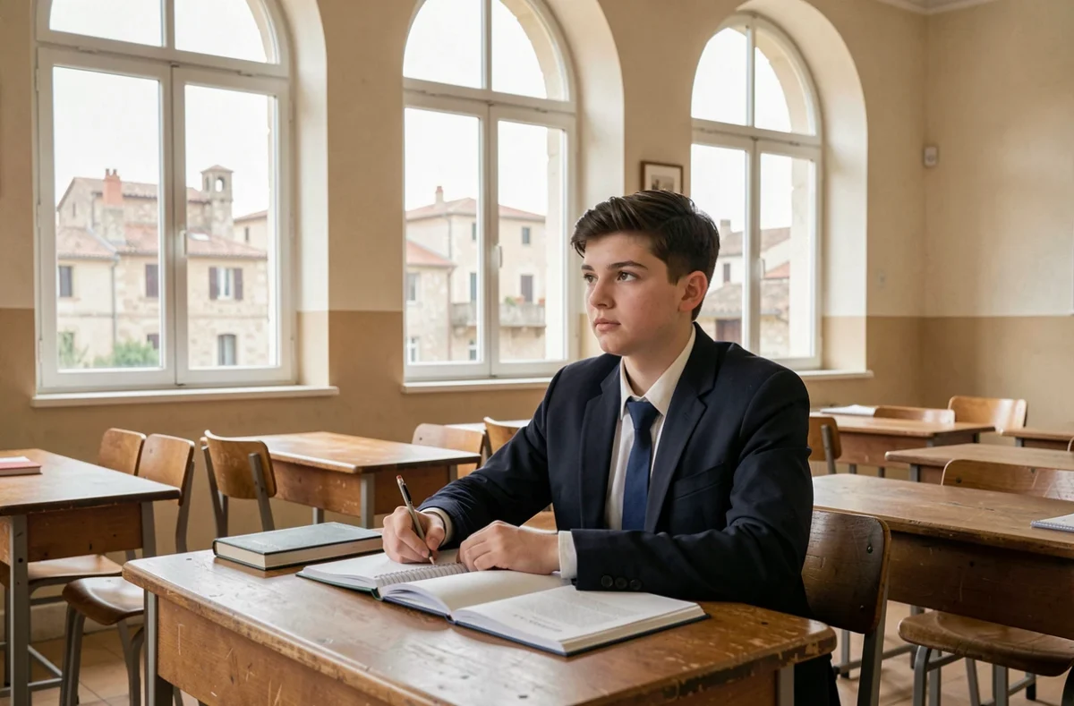Élève en uniforme marine studieux dans une salle de classe du lycée privé La Trinité à Béziers, avec vue sur la ville par les fenêtres arquées