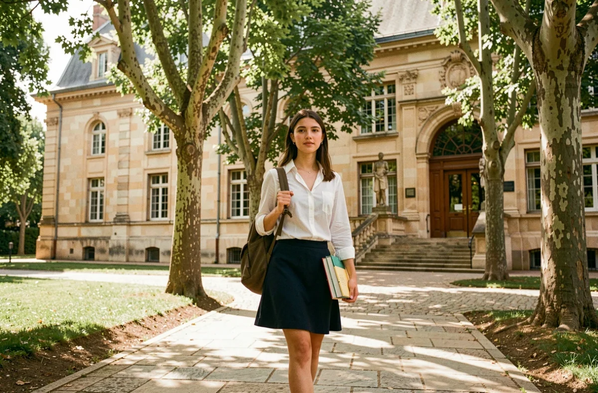 Lycéenne en uniforme marchant sur le campus en pierre du lycée Notre-Dame de la Merci à Montpellier, entourée de végétation méditerranéenne