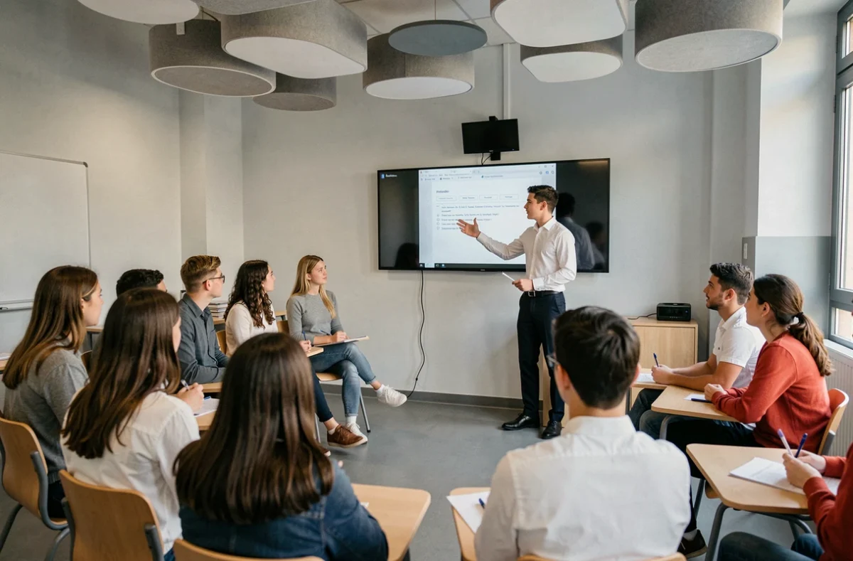 Lycéen présentant un exposé devant ses camarades dans une salle de classe moderne du lycée privé Saint-Roch à Montpellier