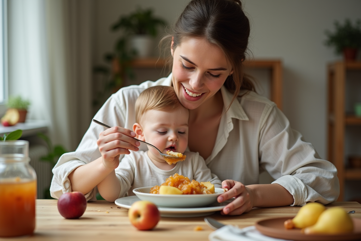 Maman donnant de la compote de fruits à son bébé