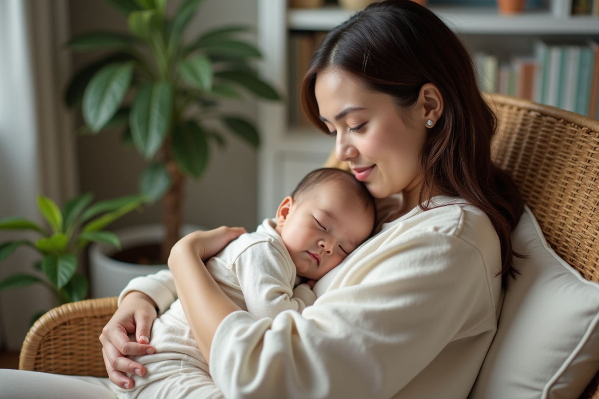 Maman tenant son bebe endormi dans un salon chaleureux