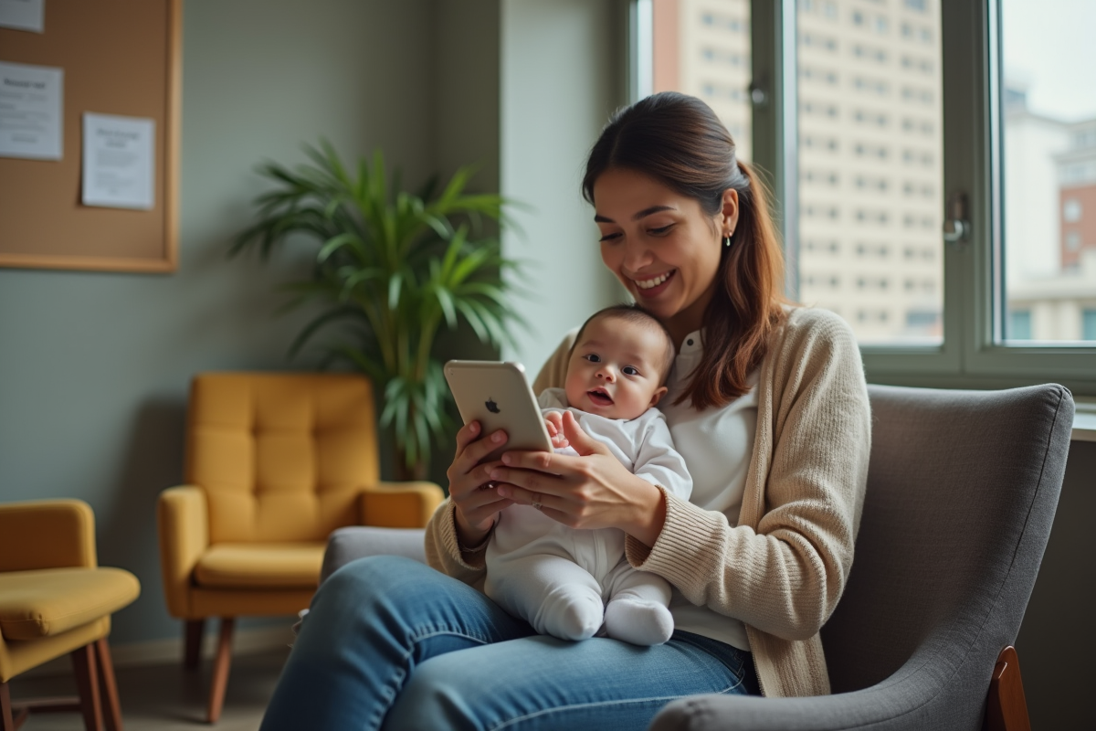 Maman avec bébé dans un espace de pause au travail