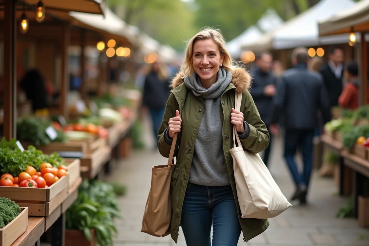 Maman portant des sacs réutilisables au marché en plein air lors de ses courses rapides