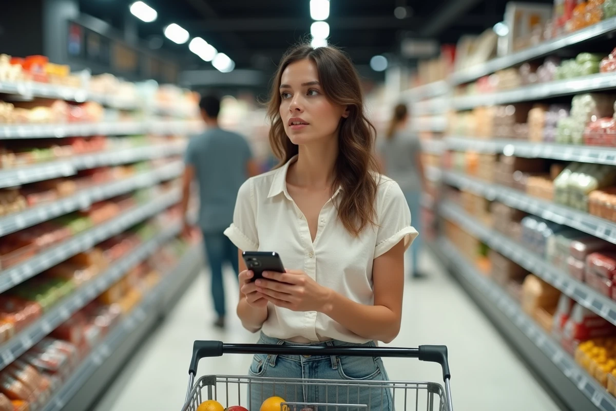 Maman faisant ses courses seule dans un supermarché avec une liste de courses sur smartphone