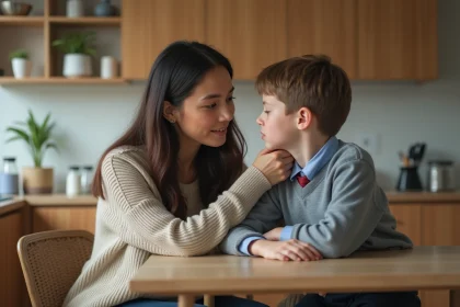 Femme et enfant en discussion dans la cuisine familiale