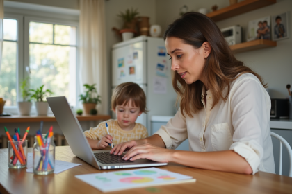 Maman et enfant travaillant à la maison dans une cuisine lumineuse