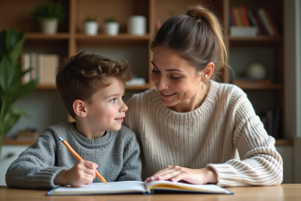 Mère et enfant concentrés sur leurs devoirs à la maison