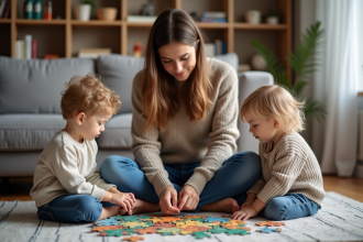 Maman et ses enfants jouent à un puzzle dans le salon