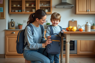 Maman et son enfant rangent le sac à dos à la maison