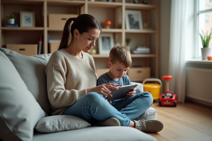 Femme et enfant dans un salon familial chaleureux