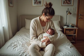 Jeune maman fatiguée avec bébé endormi dans un lit
