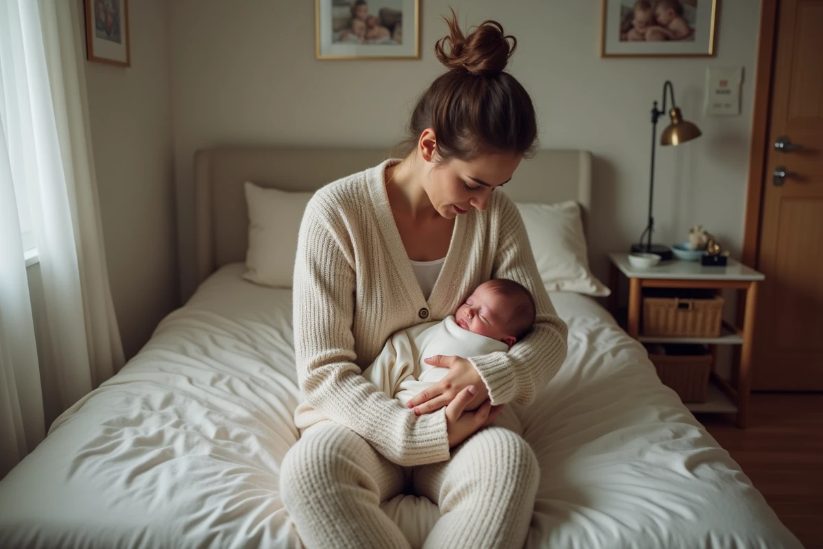 Jeune maman fatiguée avec bébé endormi dans un lit
