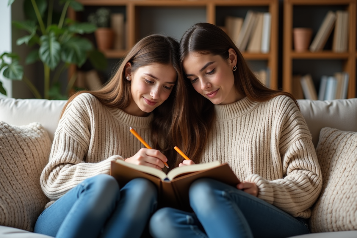 Mère et fille planifiant la semaine sur un canapé