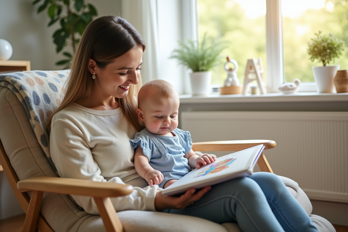 Maman lisant un livre coloré avec sa fille dans une nurserie lumineuse