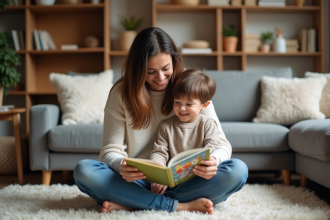Maman lit un livre à son enfant dans un salon chaleureux