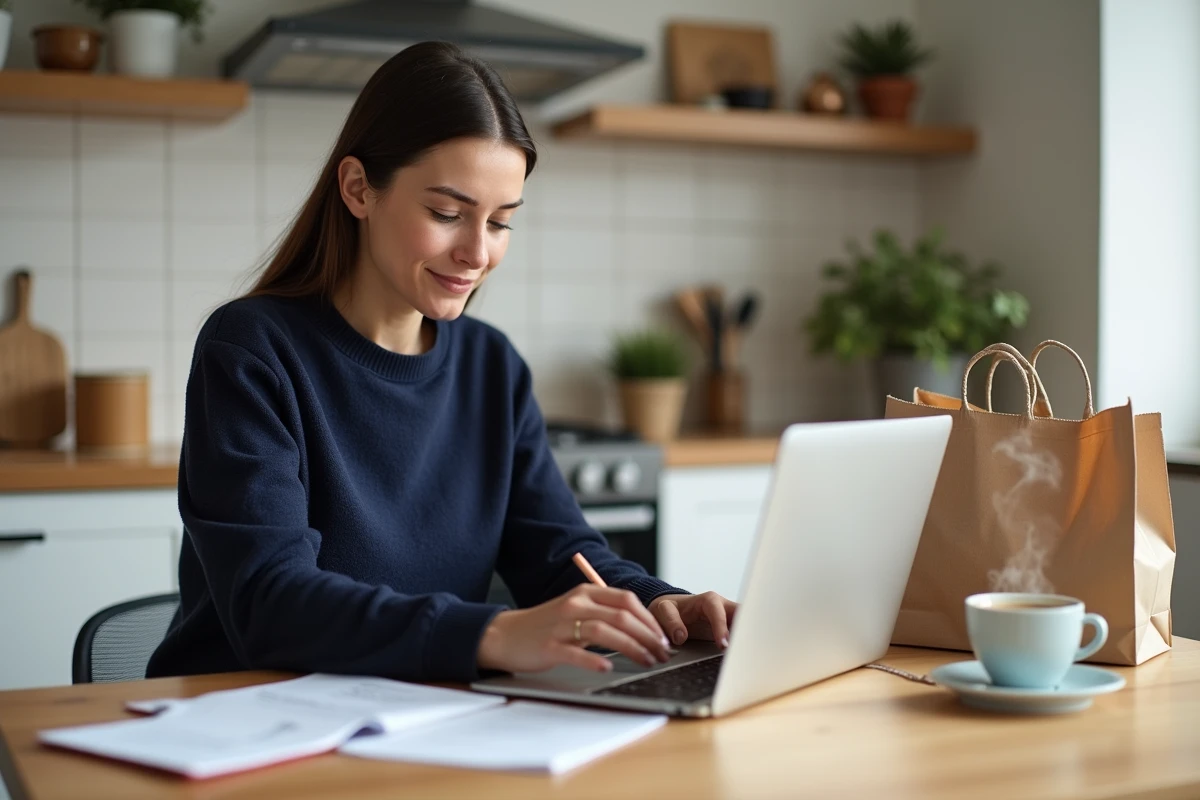 Maman planifiant ses courses de la semaine sur ordinateur portable dans sa cuisine