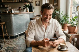 Homme souriant dans un café parisien, illustrant la vie quotidienne du mari d'un artiste célèbre